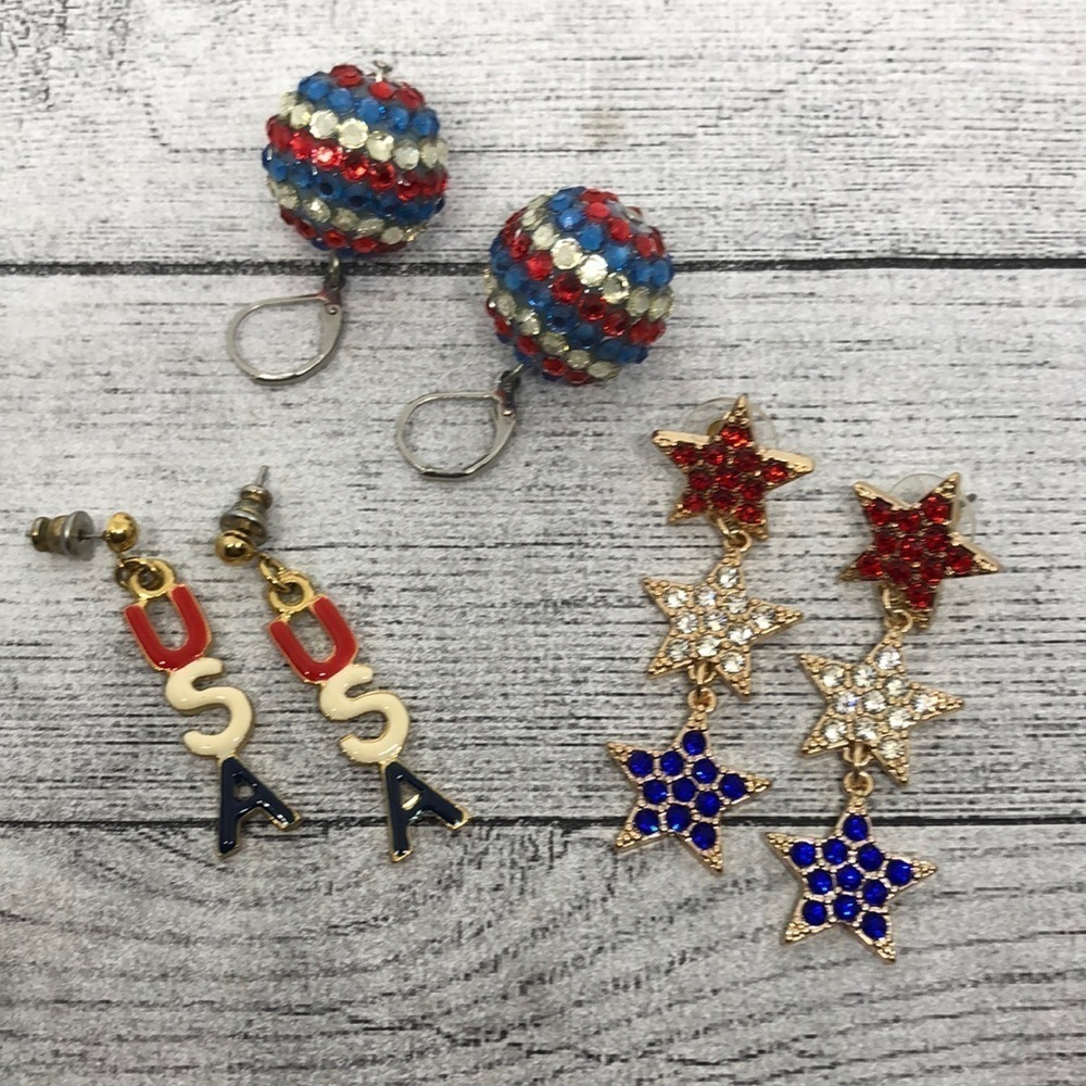 Bundle lot 3 patriotic USA red white blue earrings dangle drop rhinestone enamel